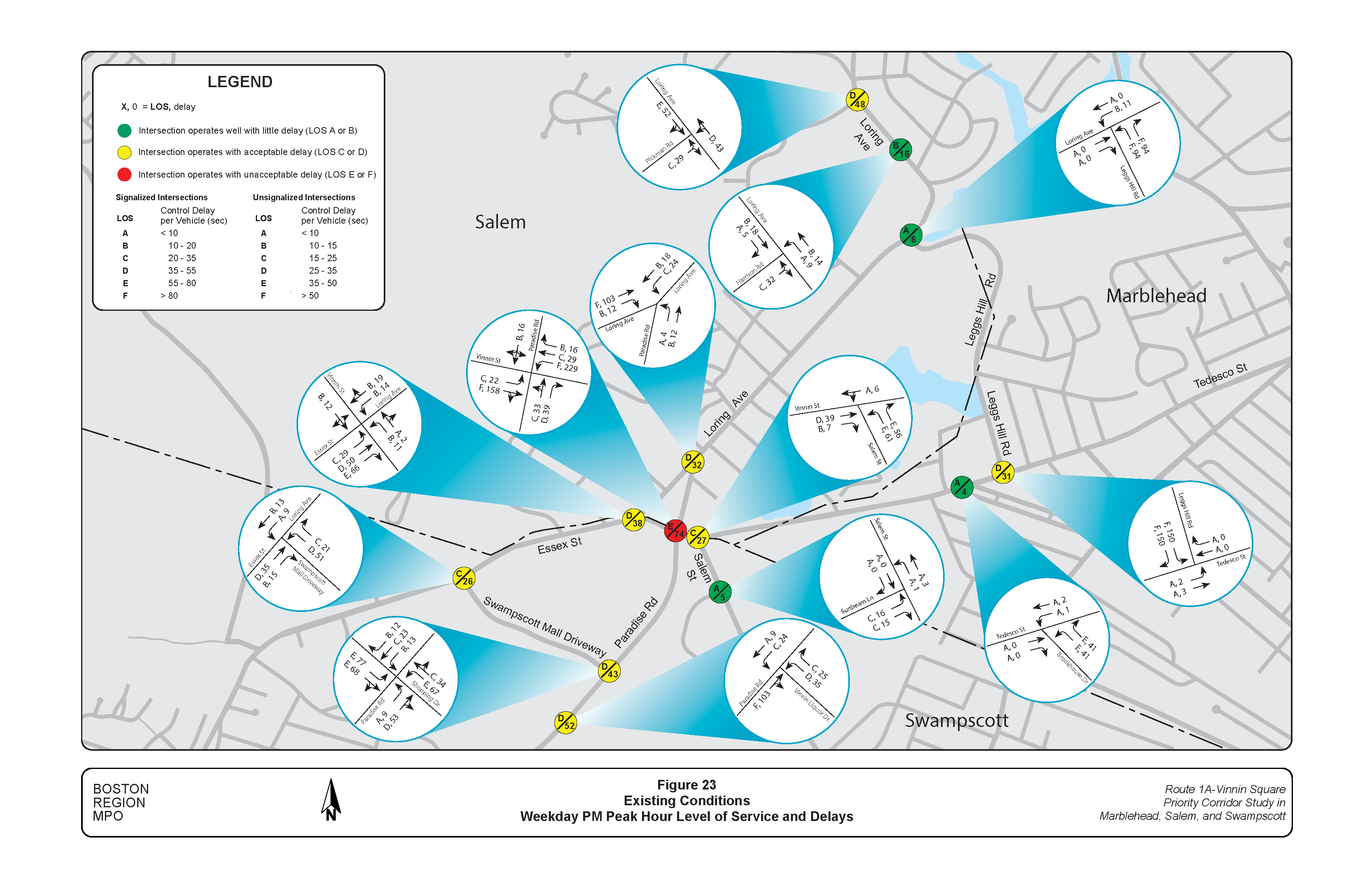 FIGURE 23. Existing Conditions: Weekday PM Peak Hour Level of Service and Delays.Figure 23 is a map of the study area with graphics embedded showing the existing level of service and delays at intersections during the weekday PM peak hour travel time.